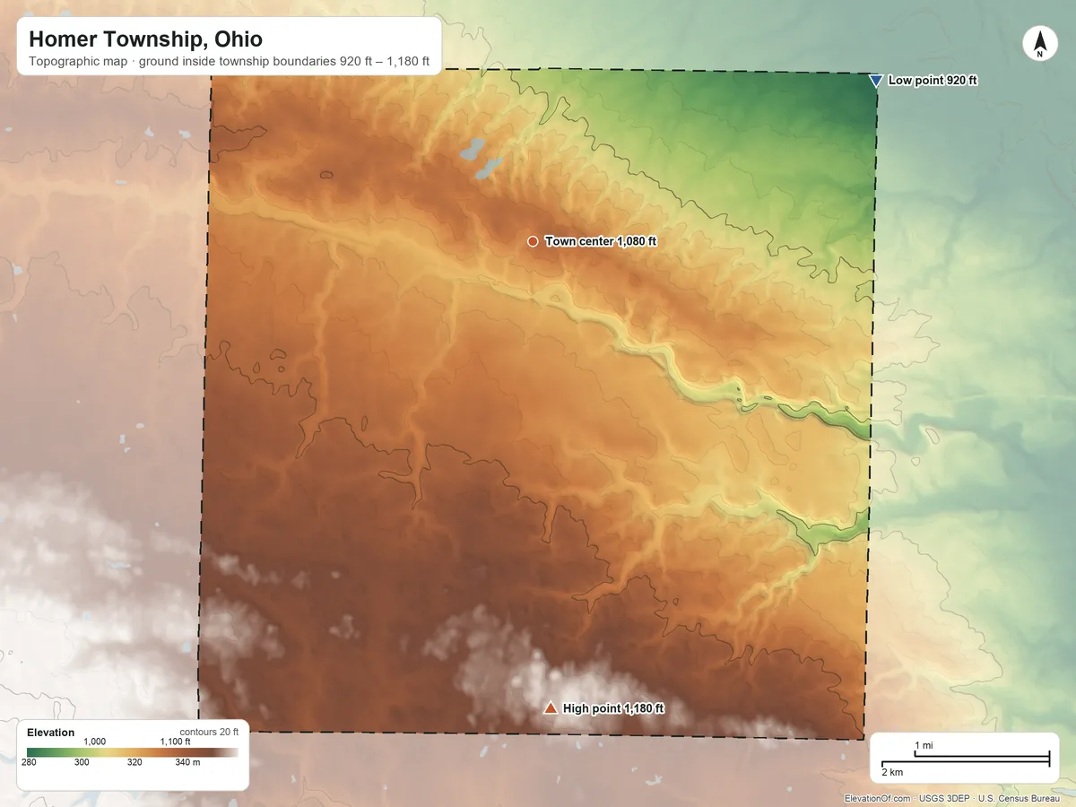 Topographic elevation map of Homer Township, Ohio, shaded from 920 ft on the northeast side to 1,180 ft on the south side