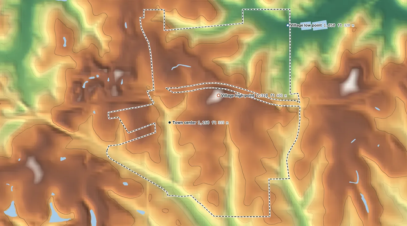 Topographic elevation map of Hopedale, Ohio, shaded from 1,050 ft on the northeast side to 1,310 ft on the northeast side