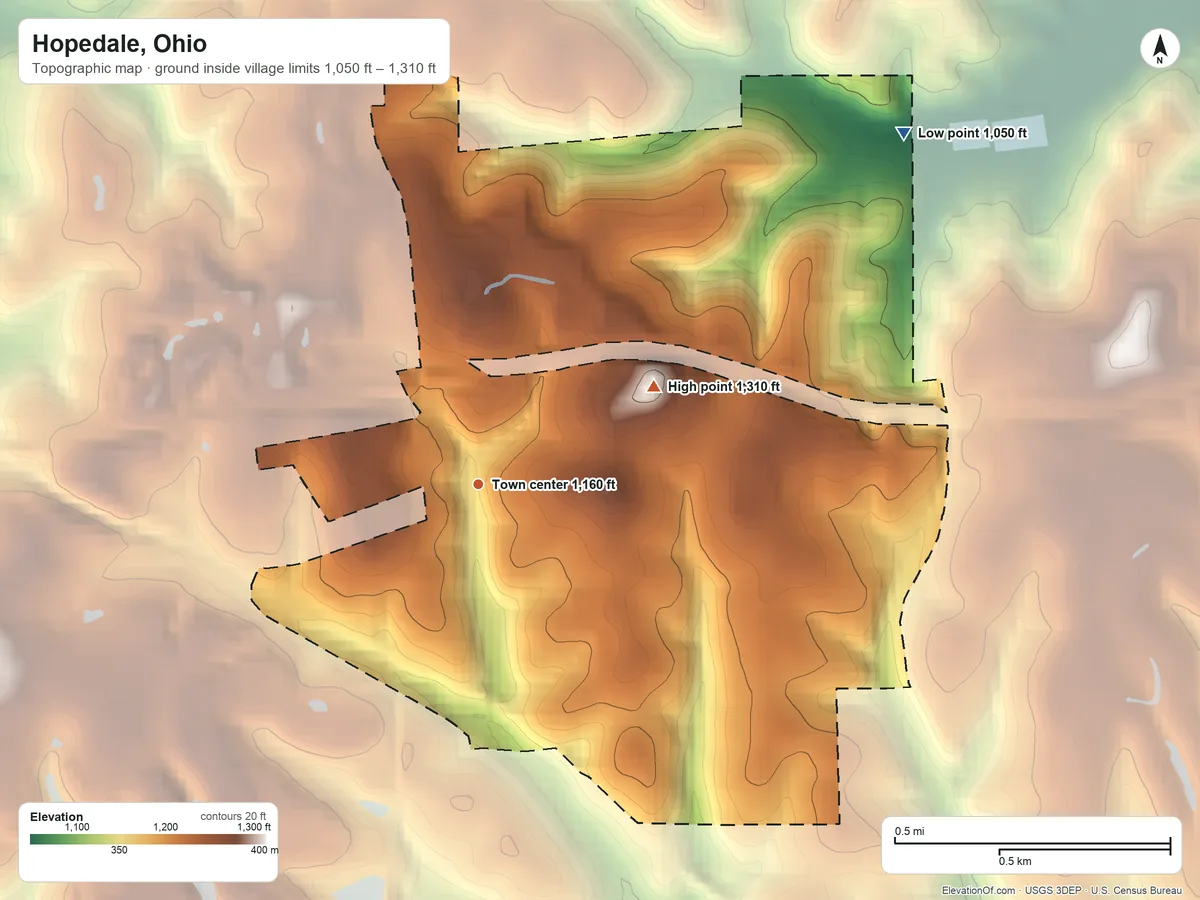 Topographic elevation map of Hopedale, Ohio, shaded from 1,050 ft on the northeast side to 1,310 ft on the northeast side