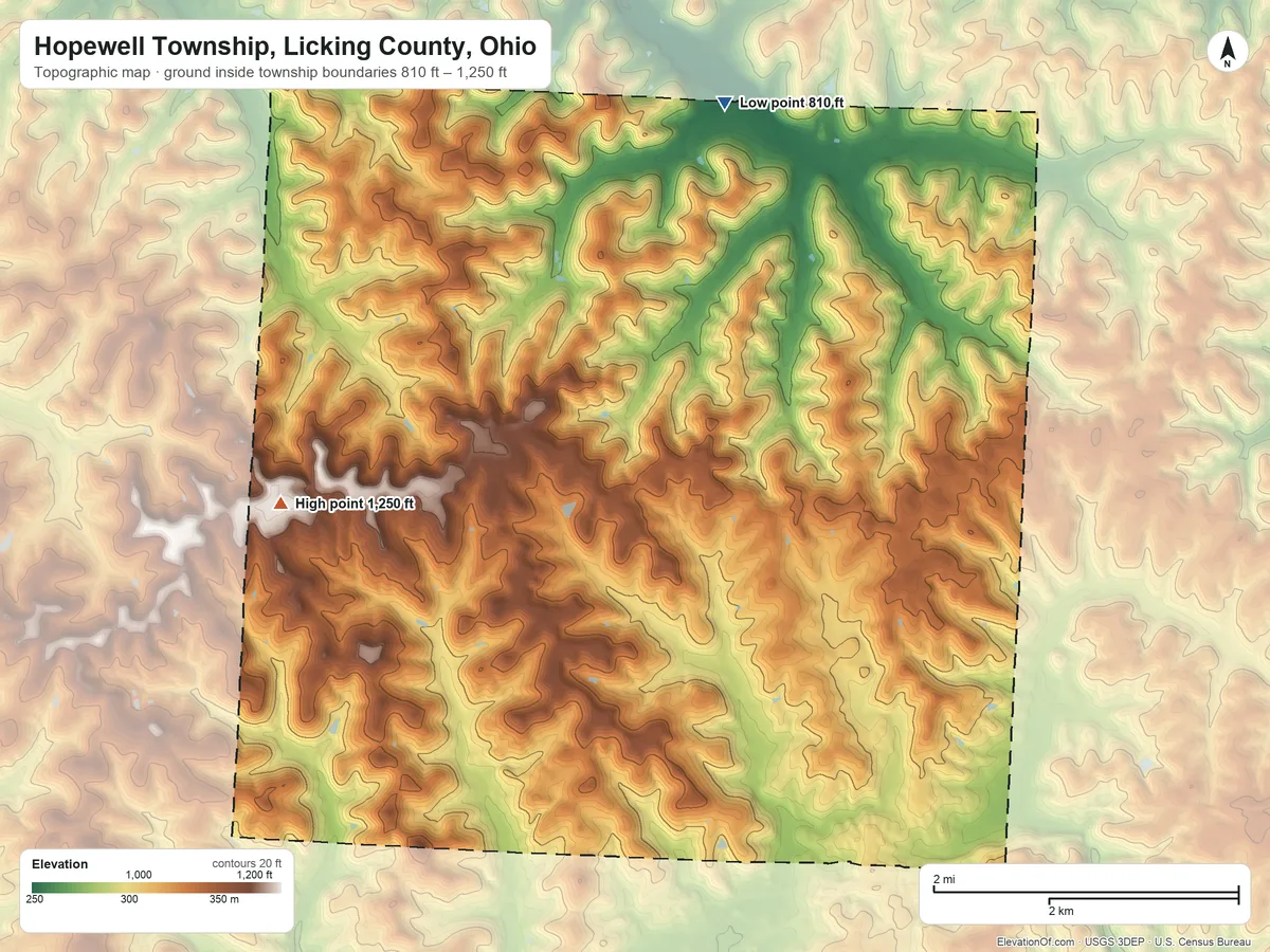 Topographic elevation map of Hopewell Township, Licking County, Ohio, shaded from 810 ft on the north side to 1,250 ft on the west side