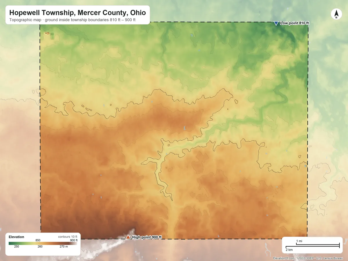 Topographic elevation map of Hopewell Township, Mercer County, Ohio, shaded from 810 ft on the northeast side to 900 ft on the southwest side