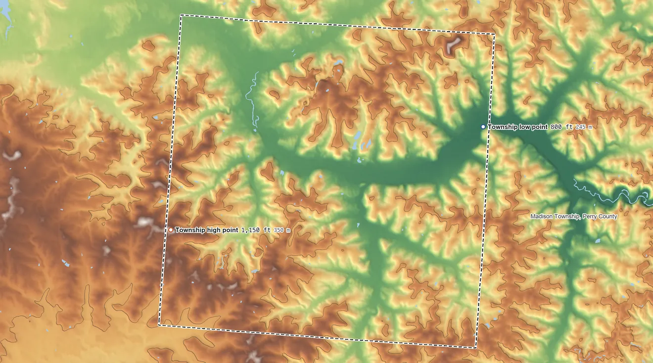 Topographic elevation map of Hopewell Township, Perry County, Ohio, shaded from 800 ft on the east side to 1,150 ft on the west side