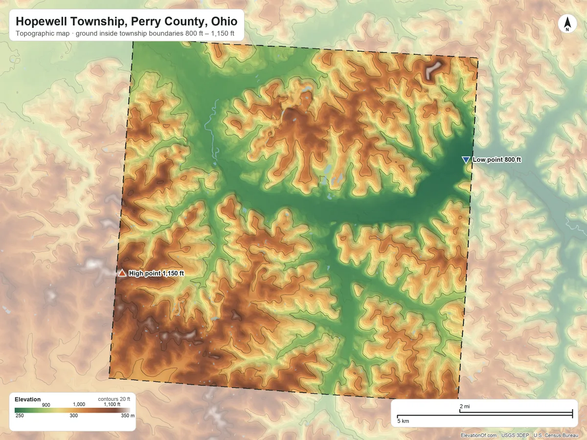 Topographic elevation map of Hopewell Township, Perry County, Ohio, shaded from 800 ft on the east side to 1,150 ft on the west side