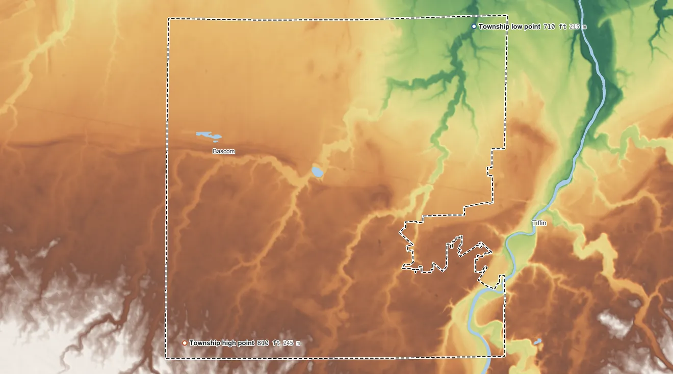 Topographic elevation map of Hopewell Township, Seneca County, Ohio, shaded from 710 ft on the northeast side to 810 ft on the southwest side