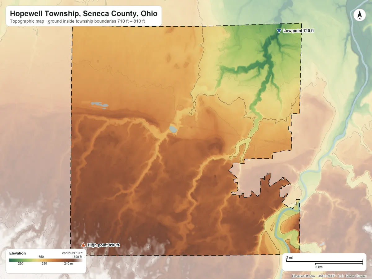 Topographic elevation map of Hopewell Township, Seneca County, Ohio, shaded from 710 ft on the northeast side to 810 ft on the southwest side