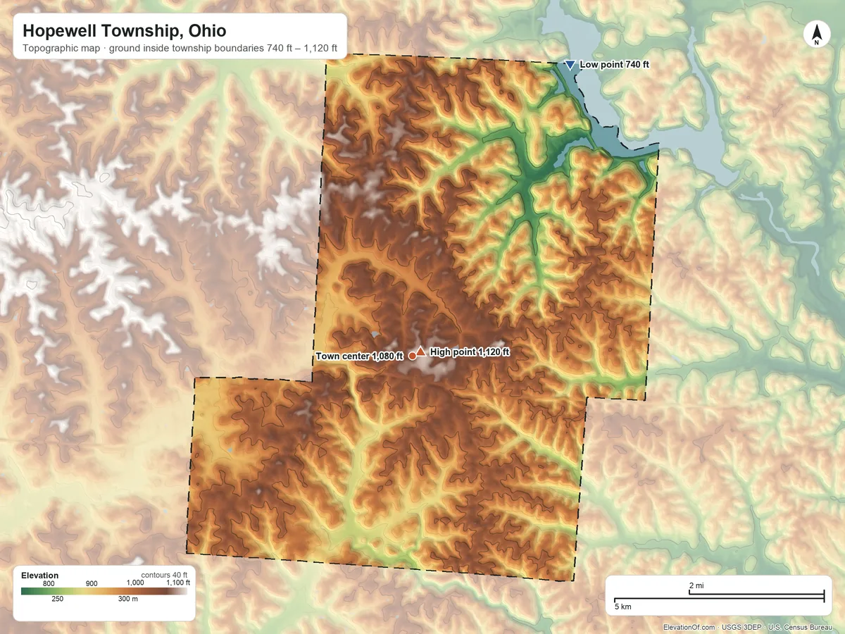 Topographic elevation map of Hopewell Township, Ohio, shaded from 740 ft on the northeast side to 1,120 ft near the middle