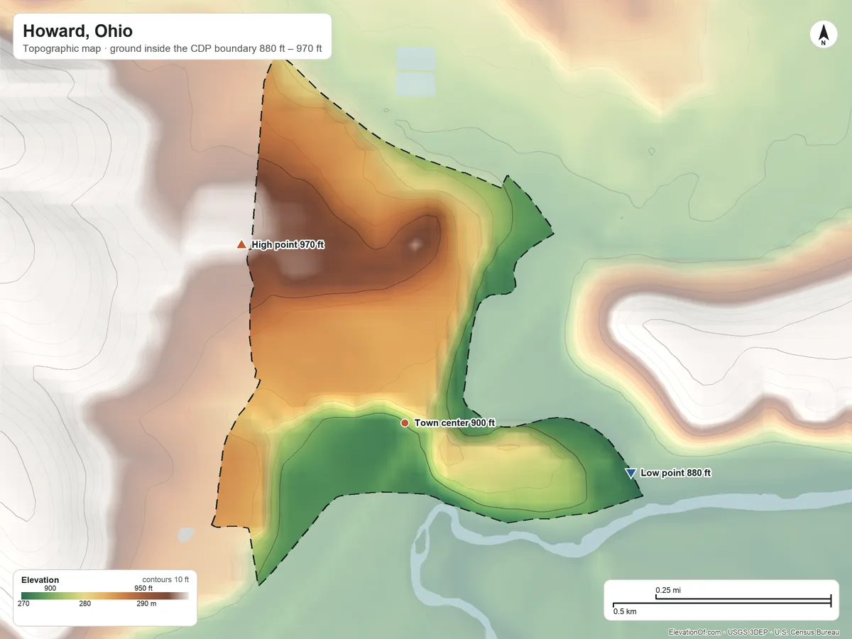 Topographic elevation map of Howard, Ohio, shaded from 880 ft on the east side to 970 ft on the northwest side