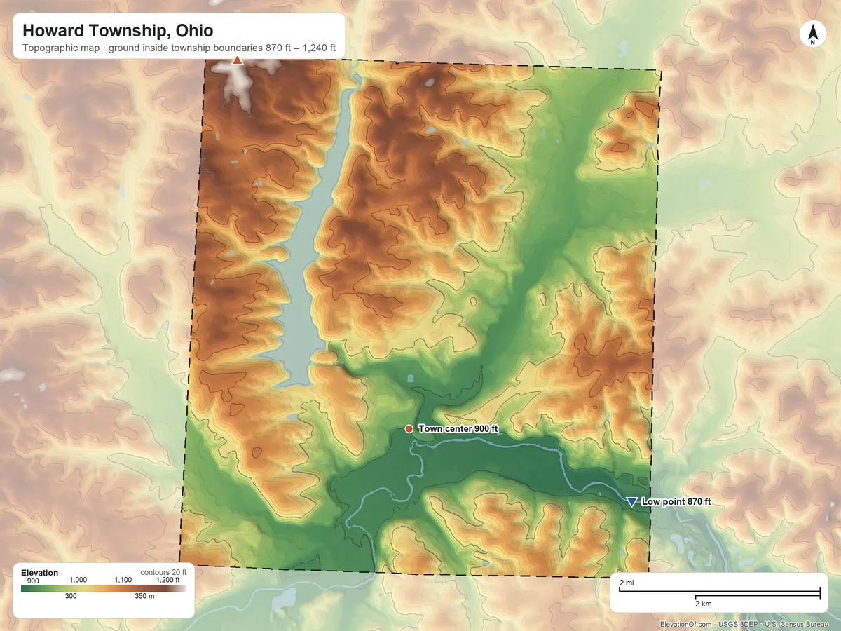 Topographic elevation map of Howard Township, Ohio, shaded from 870 ft on the east side to 1,240 ft on the northwest side