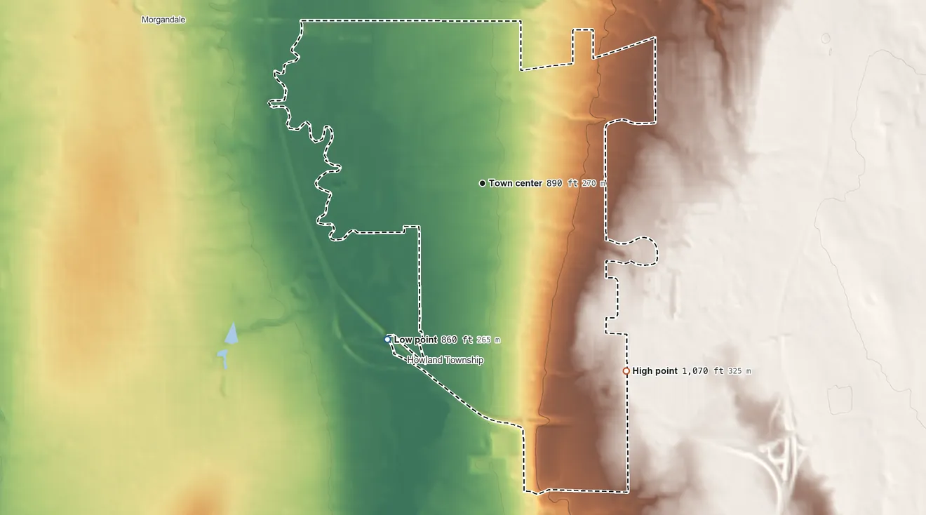 Topographic elevation map of Howland Center, Ohio, shaded from 860 ft on the southwest side to 1,070 ft on the southeast side