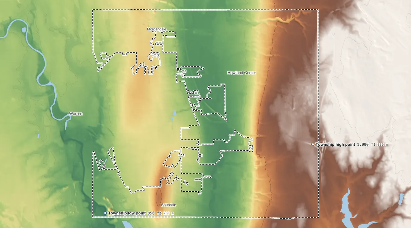 Topographic elevation map of Howland Township, Ohio, shaded from 850 ft on the southwest side to 1,090 ft on the east side