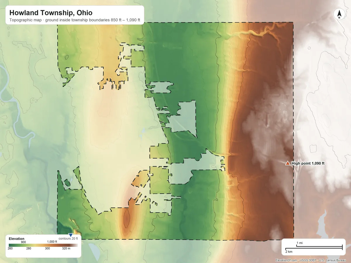 Topographic elevation map of Howland Township, Ohio, shaded from 850 ft on the southwest side to 1,090 ft on the east side