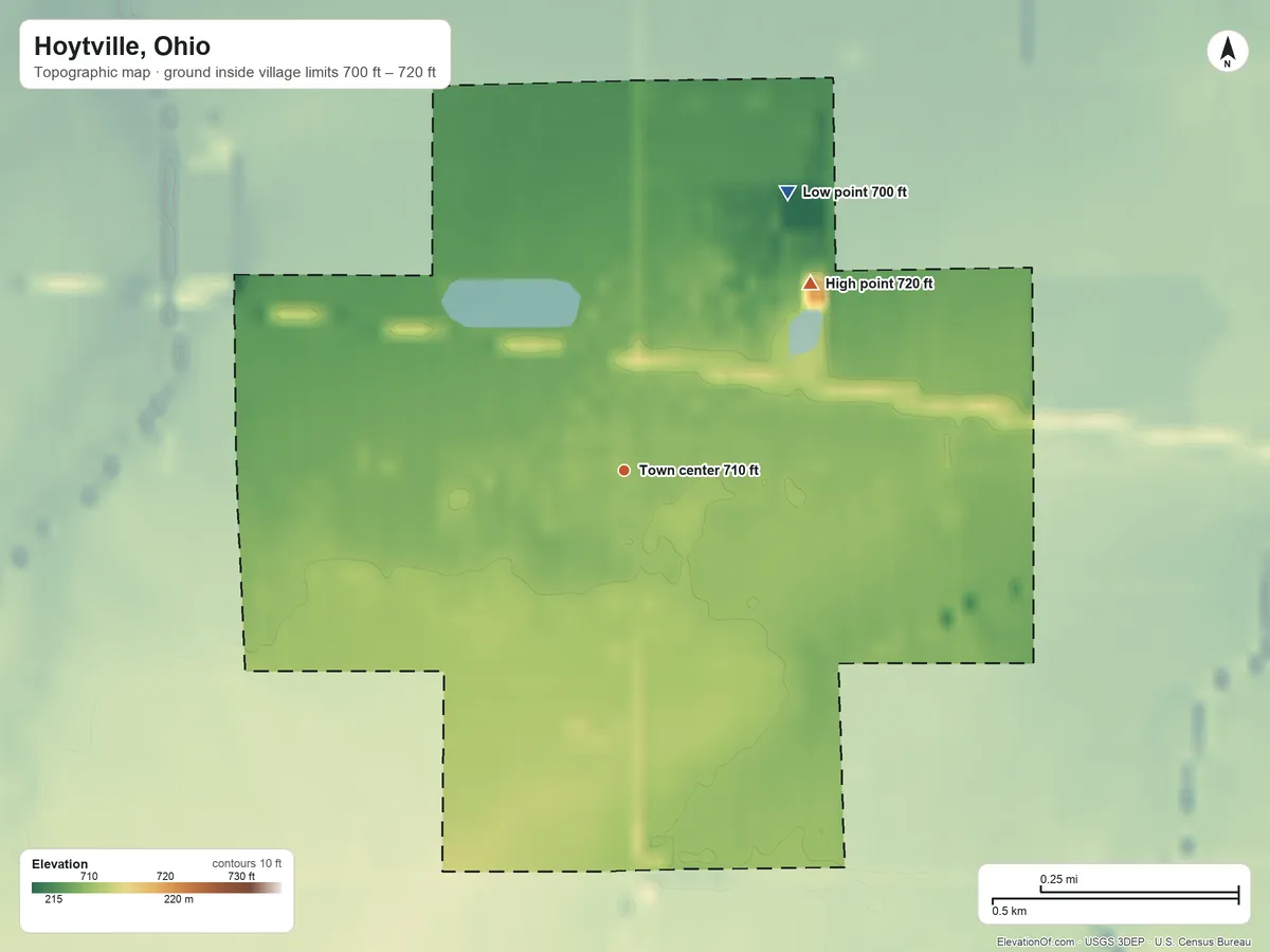 Topographic elevation map of Hoytville, Ohio, shaded from 700 ft on the northeast side to 720 ft on the northeast side