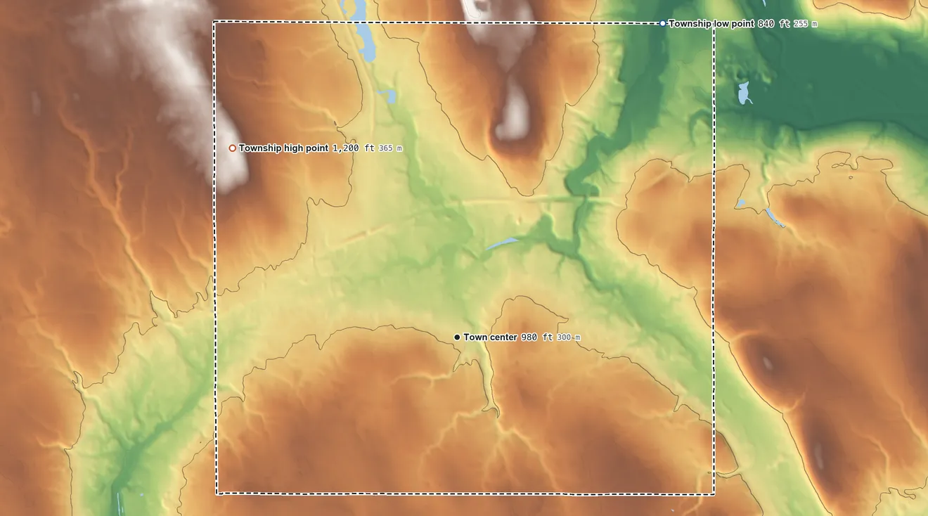 Topographic elevation map of Hubbard Township, Ohio, shaded from 840 ft on the northeast side to 1,200 ft on the northwest side