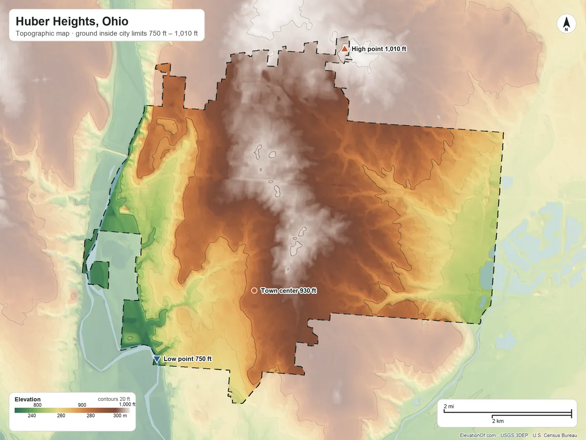 Topographic elevation map of Huber Heights, Ohio, shaded from 750 ft on the southwest side to 1,010 ft on the north side