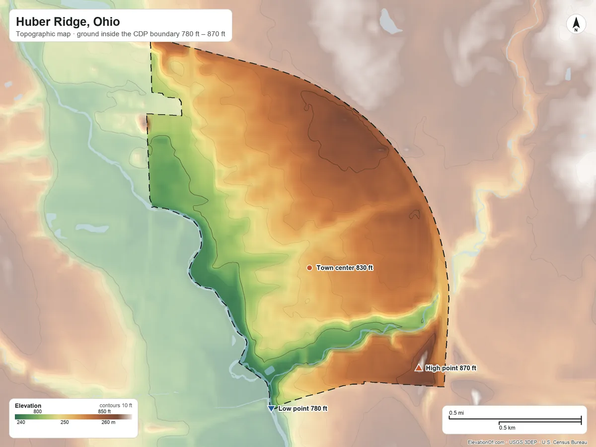 Topographic elevation map of Huber Ridge, Ohio, shaded from 780 ft on the south side to 870 ft on the southeast side