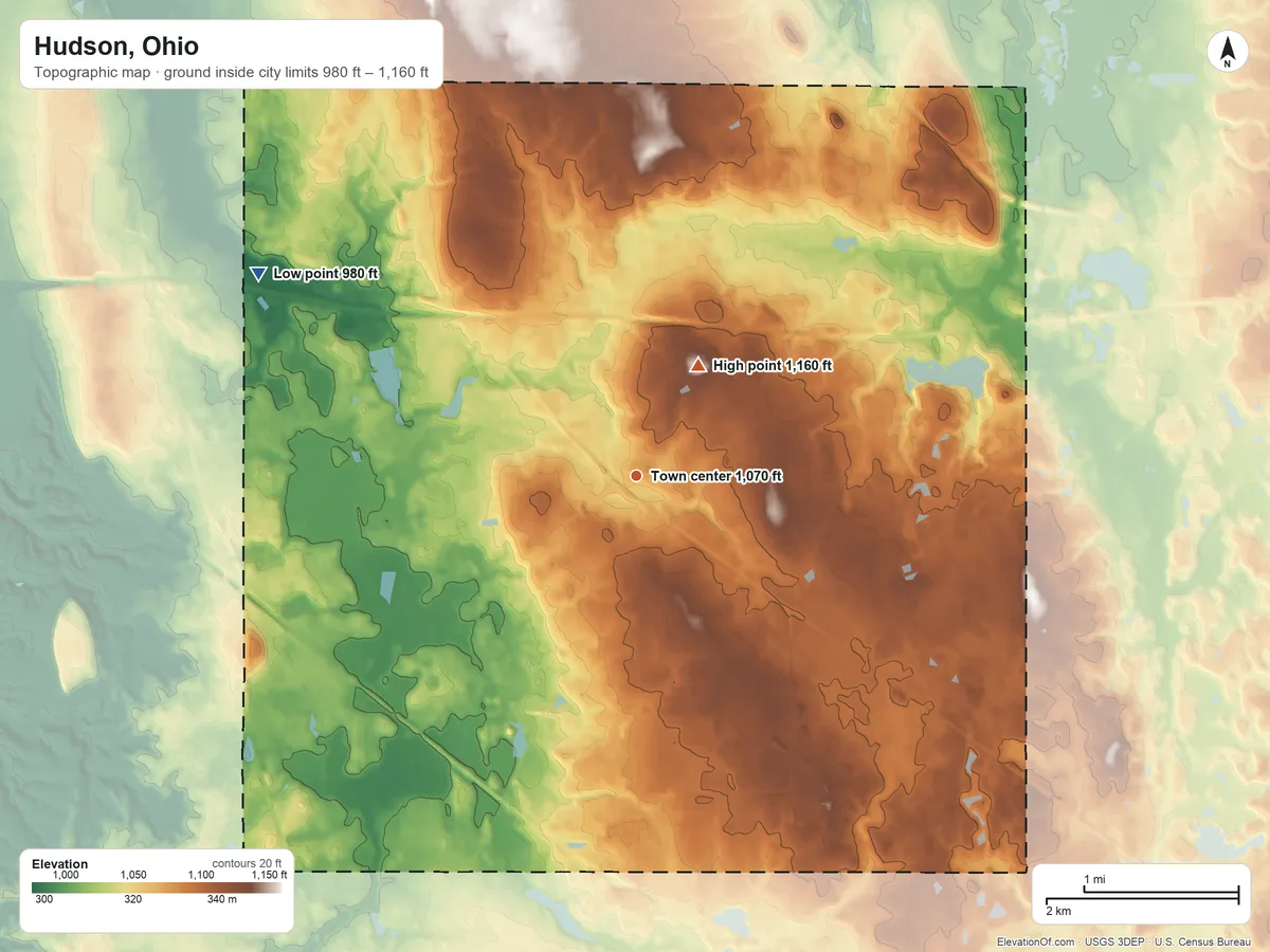 Topographic elevation map of Hudson, Ohio, shaded from 980 ft on the northwest side to 1,160 ft on the northeast side