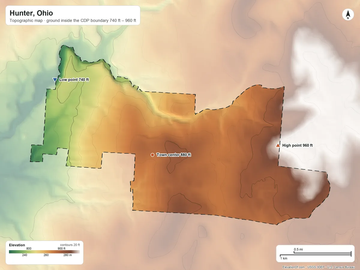 Topographic elevation map of Hunter, Ohio, shaded from 740 ft on the northwest side to 960 ft on the east side