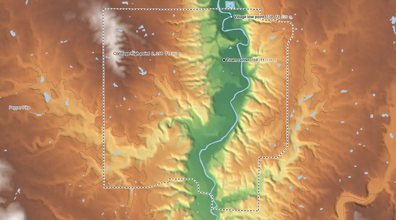 Topographic elevation map of Hunting Valley, Ohio, shaded from 730 ft on the north side to 1,190 ft on Orange Hill