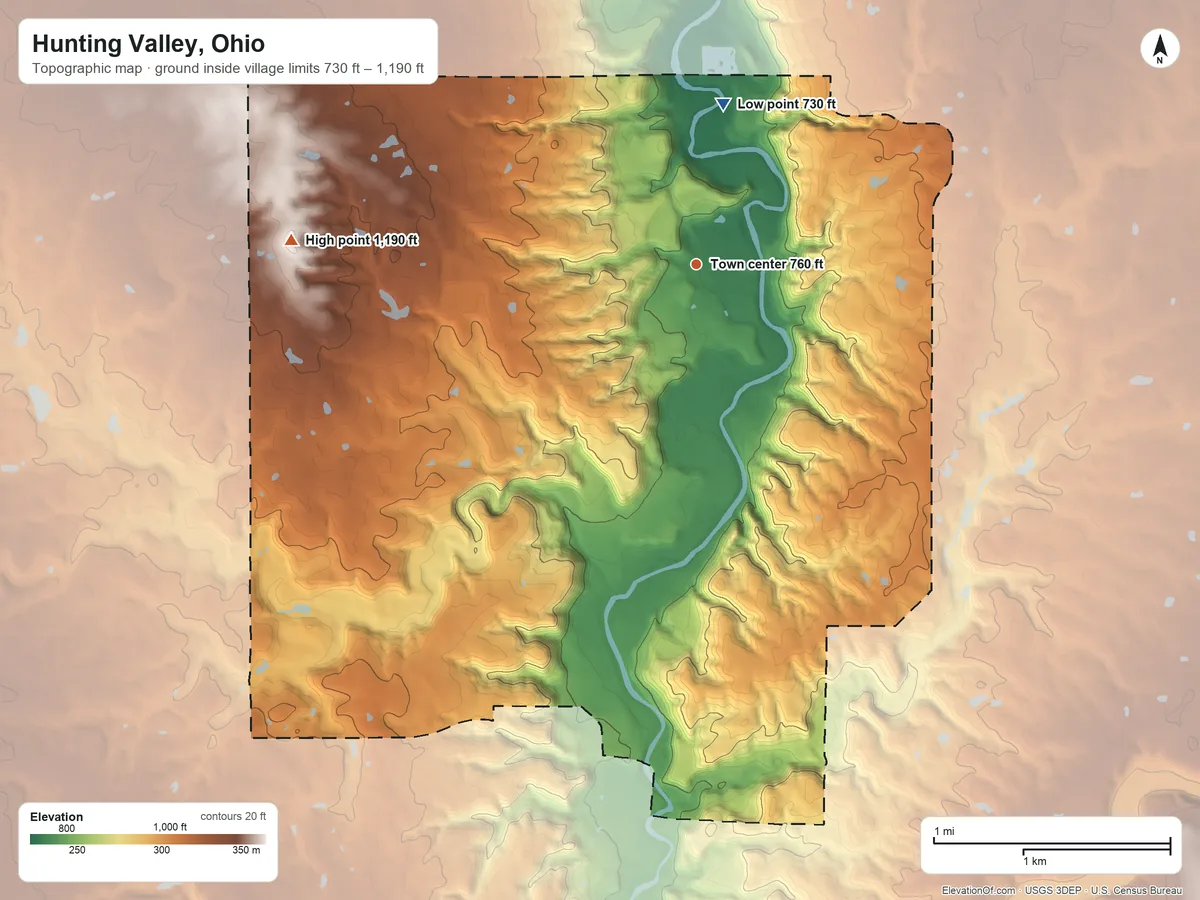 Topographic elevation map of Hunting Valley, Ohio, shaded from 730 ft on the north side to 1,190 ft on Orange Hill