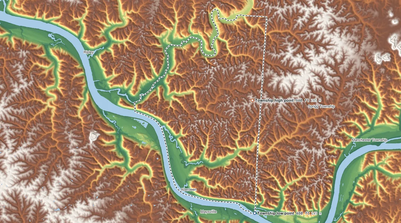 Topographic elevation map of Huntington Township, Brown County, Ohio, shaded from 480 ft on the southeast side to 940 ft on the northeast side