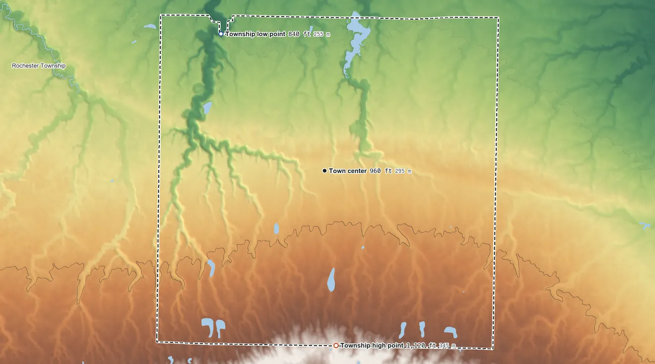 Topographic elevation map of Huntington Township, Lorain County, Ohio, shaded from 840 ft on the northwest side to 1,120 ft on the south side