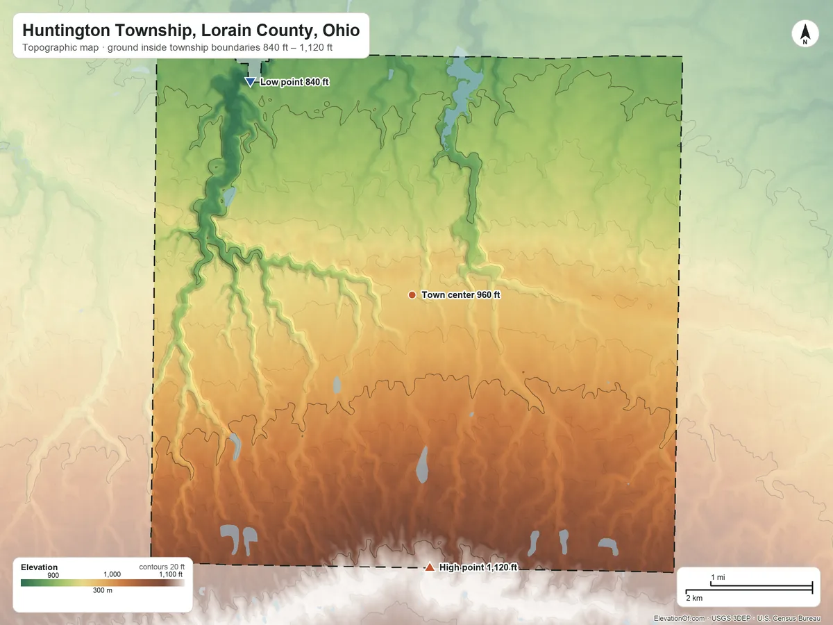 Topographic elevation map of Huntington Township, Lorain County, Ohio, shaded from 840 ft on the northwest side to 1,120 ft on the south side