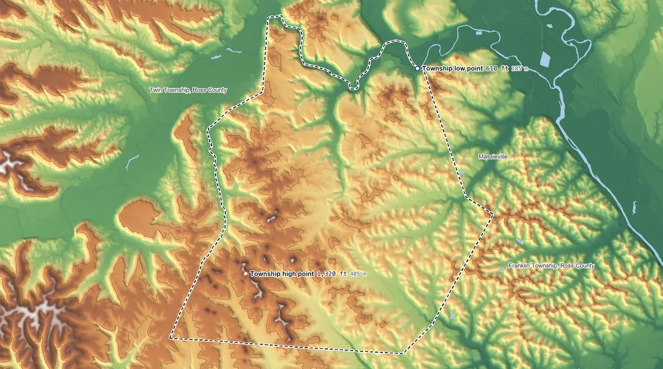 Topographic elevation map of Huntington Township, Ohio, shaded from 610 ft on the northeast side to 1,320 ft on Chestnut Oak Knob