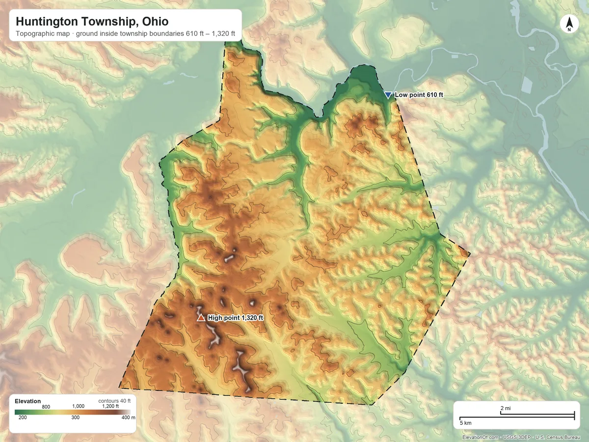 Topographic elevation map of Huntington Township, Ohio, shaded from 610 ft on the northeast side to 1,320 ft on Chestnut Oak Knob