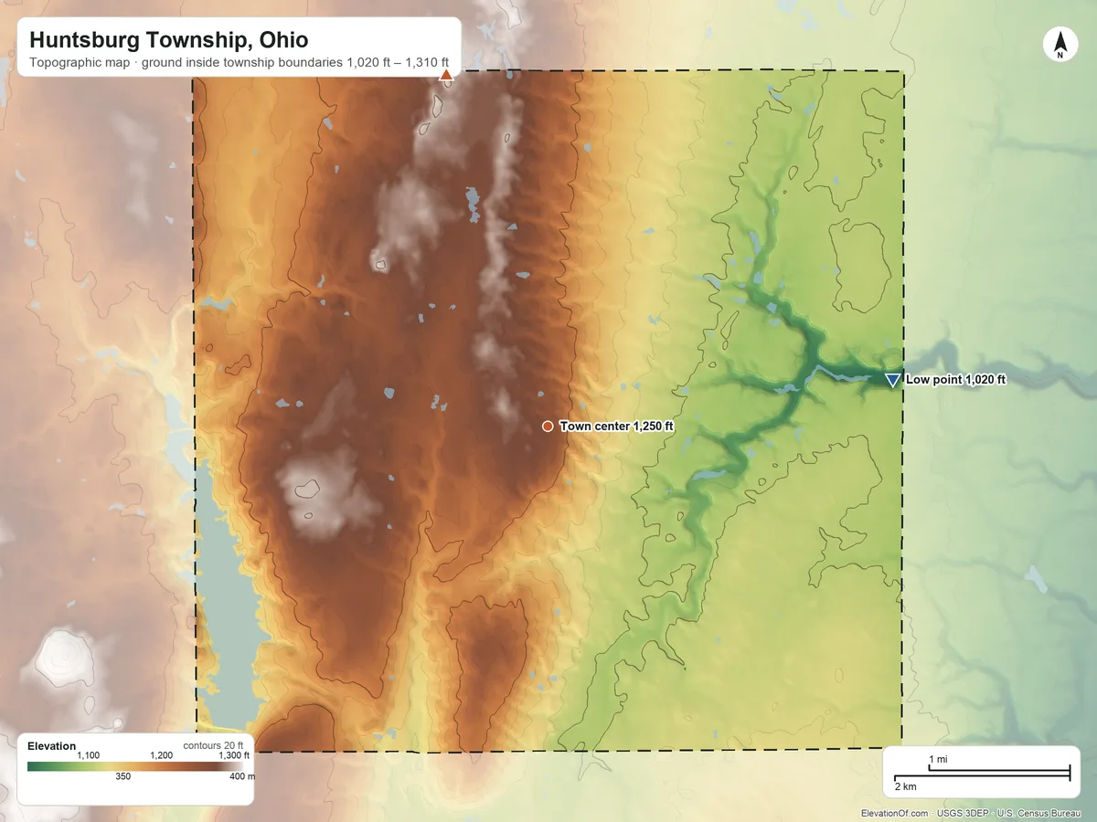 Topographic elevation map of Huntsburg Township, Ohio, shaded from 1,020 ft on the east side to 1,310 ft on the north side