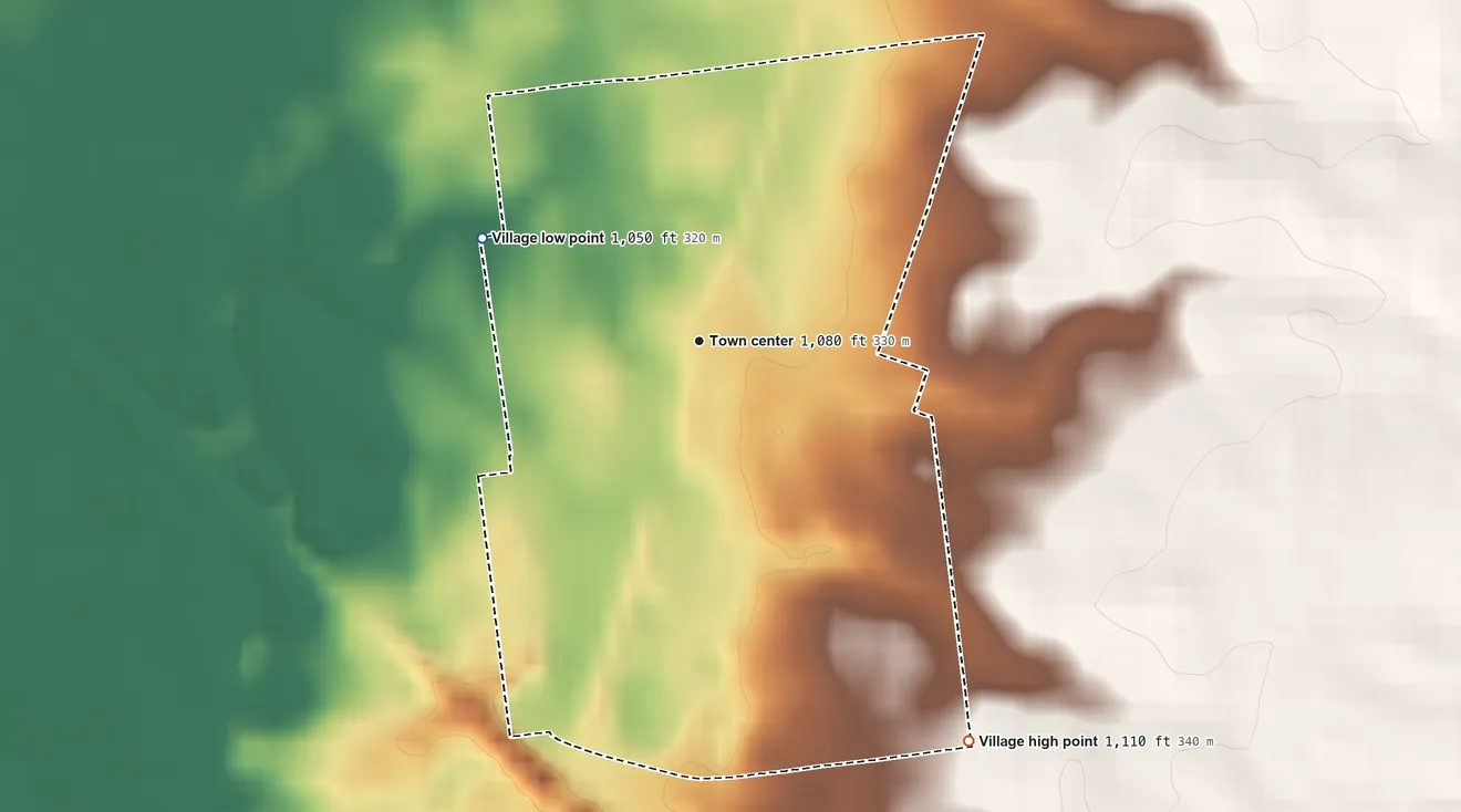 Topographic elevation map of Huntsville, Ohio, shaded from 1,050 ft on the northwest side to 1,110 ft on the southeast side