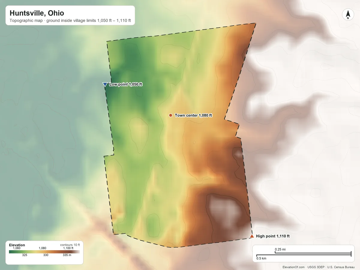 Topographic elevation map of Huntsville, Ohio, shaded from 1,050 ft on the northwest side to 1,110 ft on the southeast side
