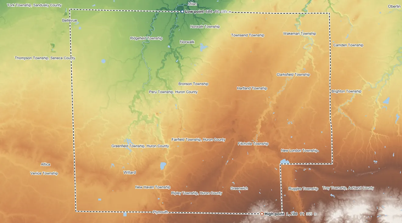 Topographic elevation map of Huron County, Ohio, shaded from 600 ft on the north side to 1,200 ft on the southeast side