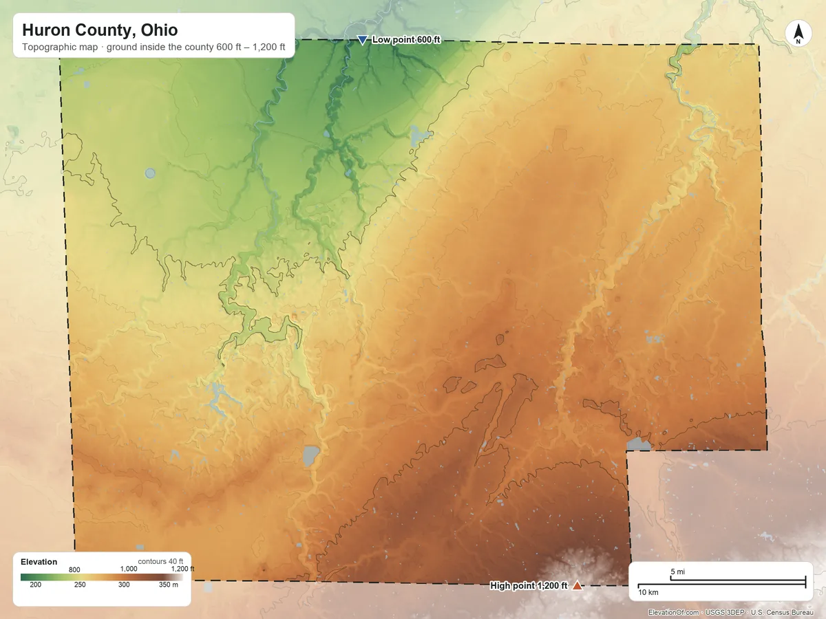 Topographic elevation map of Huron County, Ohio, shaded from 600 ft on the north side to 1,200 ft on the southeast side