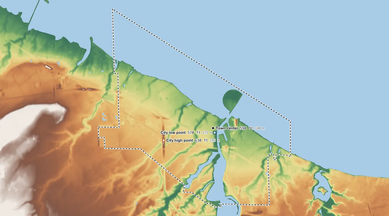 Topographic elevation map of Huron, Ohio, shaded from 570 ft near the middle to 630 ft on the west side