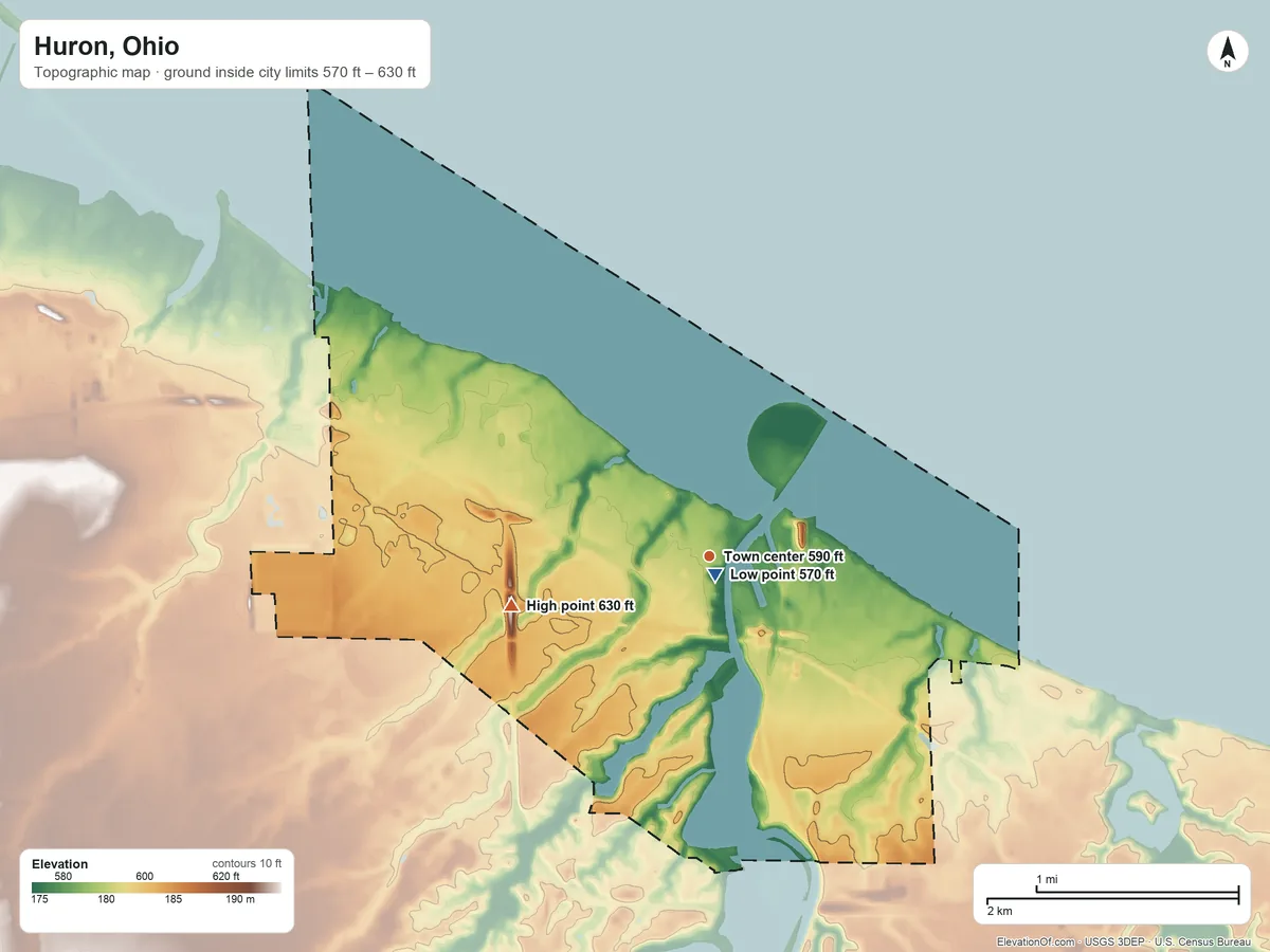 Topographic elevation map of Huron, Ohio, shaded from 570 ft near the middle to 630 ft on the west side