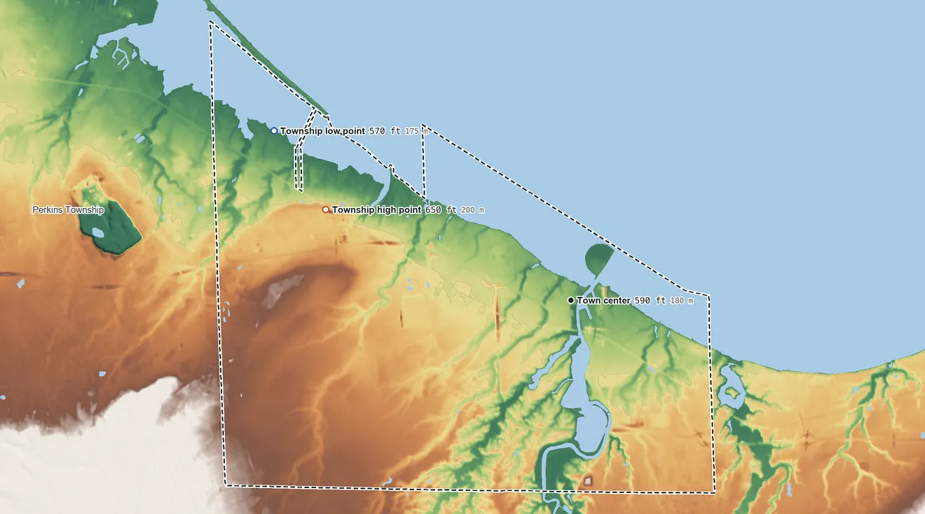 Topographic elevation map of Huron Township, Ohio, shaded from 570 ft on the northwest side to 650 ft on the west side