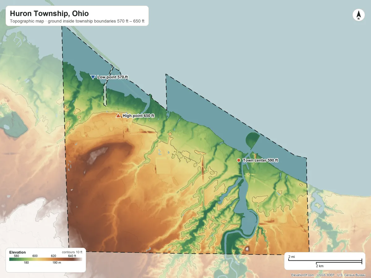 Topographic elevation map of Huron Township, Ohio, shaded from 570 ft on the northwest side to 650 ft on the west side