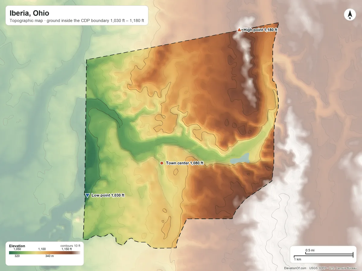 Topographic elevation map of Iberia, Ohio, shaded from 1,030 ft on the southwest side to 1,180 ft on the northeast side