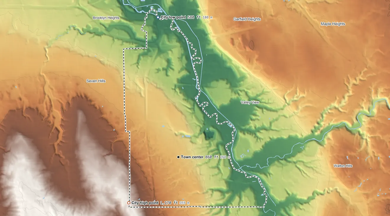 Topographic elevation map of Independence, Ohio, shaded from 580 ft on the north side to 1,170 ft on the southwest side