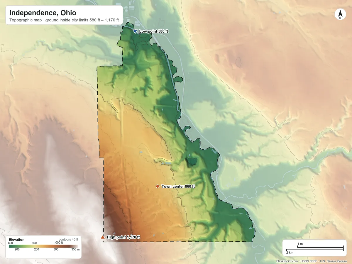 Topographic elevation map of Independence, Ohio, shaded from 580 ft on the north side to 1,170 ft on the southwest side