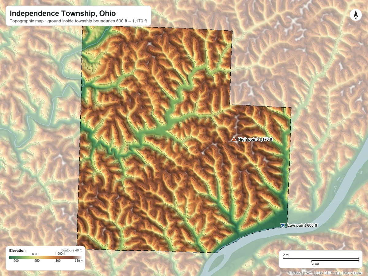 Topographic elevation map of Independence Township, Ohio, shaded from 600 ft on the southeast side to 1,170 ft on the east side