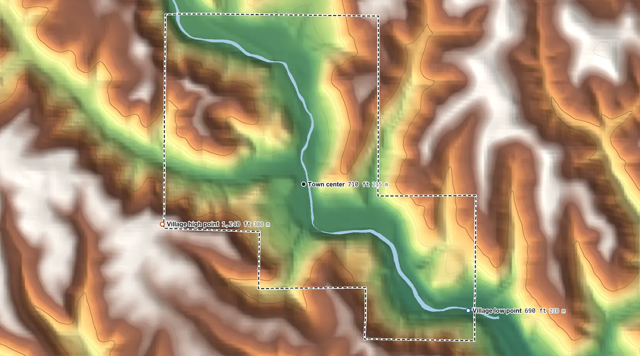 Topographic elevation map of Irondale, Ohio, shaded from 690 ft on the southeast side to 1,240 ft on the west side