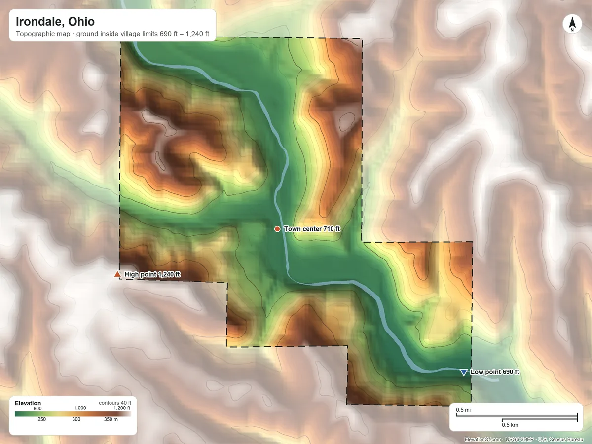 Topographic elevation map of Irondale, Ohio, shaded from 690 ft on the southeast side to 1,240 ft on the west side