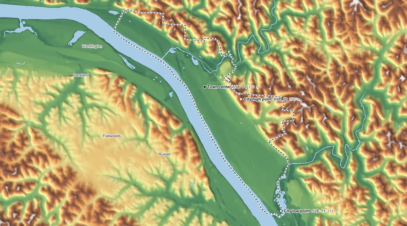 Topographic elevation map of Ironton, Ohio, shaded from 520 ft on the southeast side to 890 ft on the east side