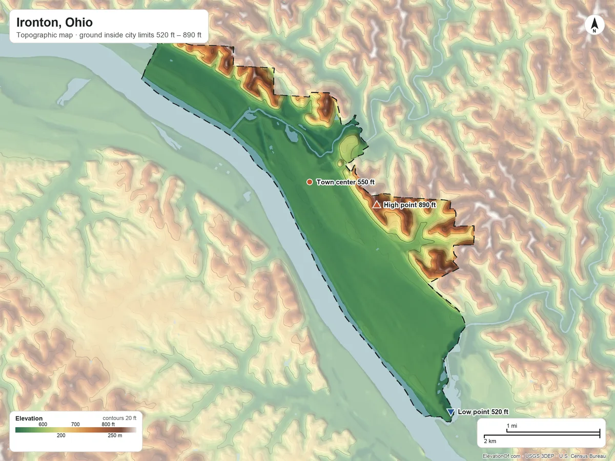 Topographic elevation map of Ironton, Ohio, shaded from 520 ft on the southeast side to 890 ft on the east side