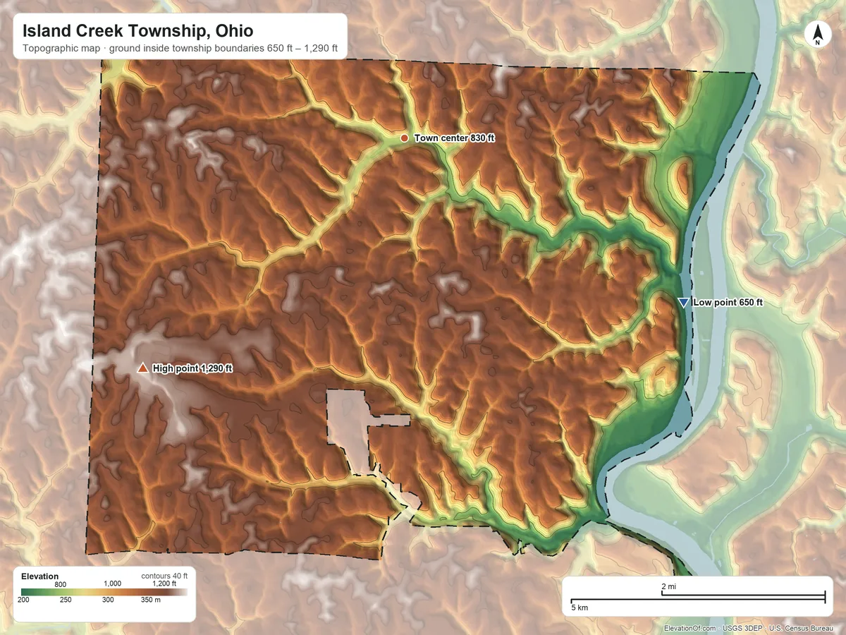 Topographic elevation map of Island Creek Township, Ohio, shaded from 650 ft on the southeast side to 1,290 ft on the southwest side
