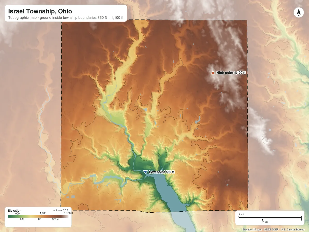 Topographic elevation map of Israel Township, Ohio, shaded from 860 ft on the south side to 1,100 ft on the northeast side
