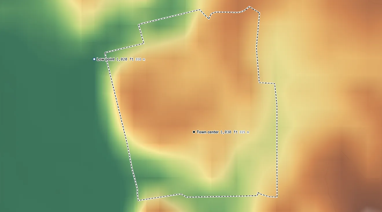 Topographic elevation map of Ithaca, Ohio, shaded from 1,020 ft on the northwest side to 1,040 ft on the north side