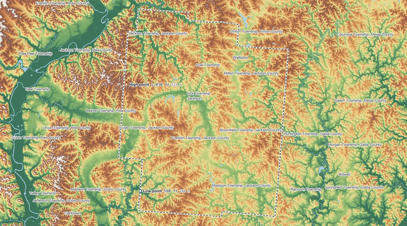 Topographic elevation map of Jackson County, Ohio, shaded from 590 ft on the southwest side to 1,030 ft on the west side