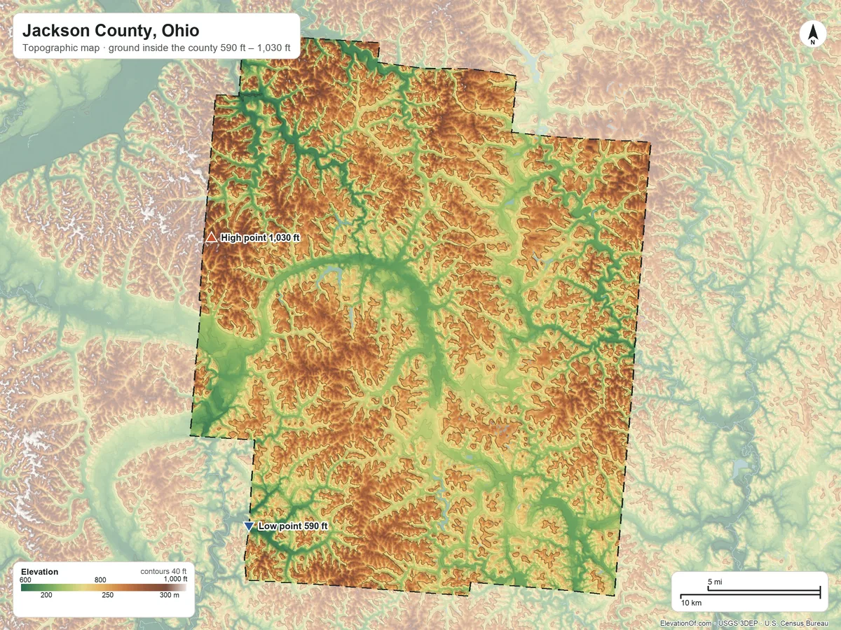 Topographic elevation map of Jackson County, Ohio, shaded from 590 ft on the southwest side to 1,030 ft on the west side